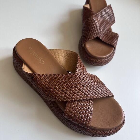 Seychelles Key West Slip On Sandals Women’s 9.5 Brown Leather Woven Platform - Picture 1 of 12